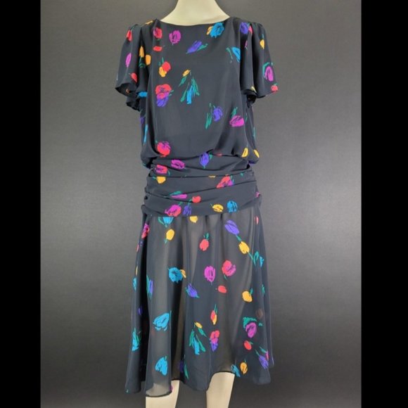 80s Sheer Black Abstract Floral Dress - Picture 1 of 14